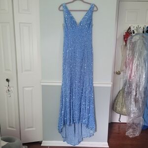 Elegant Low Back V-neck Light Blue Sequin Prom Dress With Train